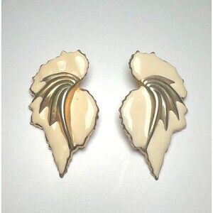 Vintage Earrings 80's Leaf Cream & Gold Statement Piece Costume Jewlery